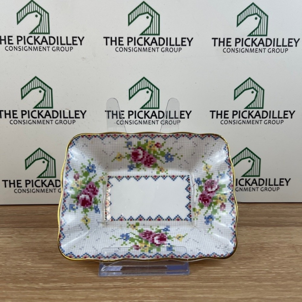 Royal Albert Petit Point China Trinket Dish Floral Cross Stitch England 778676